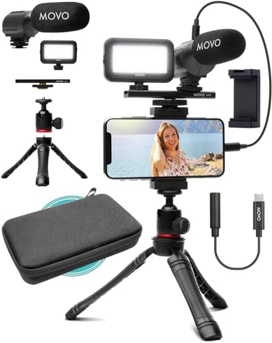 Movo iVlogger- iPhone Android USB Type-C Compatible Vlogging Kit Smartphone Video Kit Accessories: Phone Tripod, Phone Mount, LED Light and Cellphone Shotgun Microphone for YouTube, Vlog