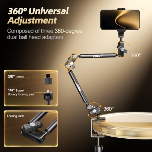 EMART 21”Magic Arm Clamp Kit,Overhead Desk Camera Mount with 1/4”&3/8” Screw,Articulating Desktop Boom Arm Compatible with Webcam/Monitors/Mics for Streaming/Recording