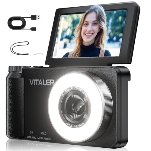 5K Digital Camera for Photography with Fill Light, 3'' 180°Flip Screen, 75MP Vlogging Camera for YouTube Video, 18X Zoom Compact Point and Shoot Cameras for Beginner Teens, Kids, Black