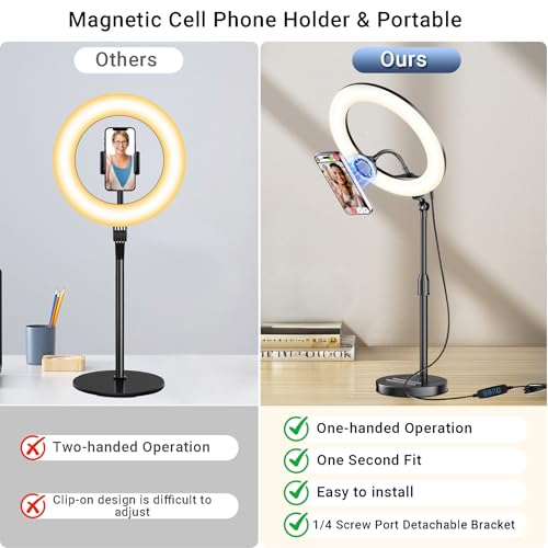 Desk Ring Light with Magnetic Phone Holder, 10'' Video Conference Podcast Lighting Kit for Laptop Computer Monitor Zoom Call Streaming, 3 Color LED Halo Light with Adjustable Stand for Home Office