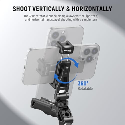 NEEWER Adjustable Phone Tripod Mount with Cold Shoe 1/4" Thread 180° Tilt 360° Rotation Cleaning Cloth Phone Clamp Holder Compatible with iPhone Samsung Android Camera Cage for Video Recording, GA010 - style: GA010 w/Cleaning Cloth