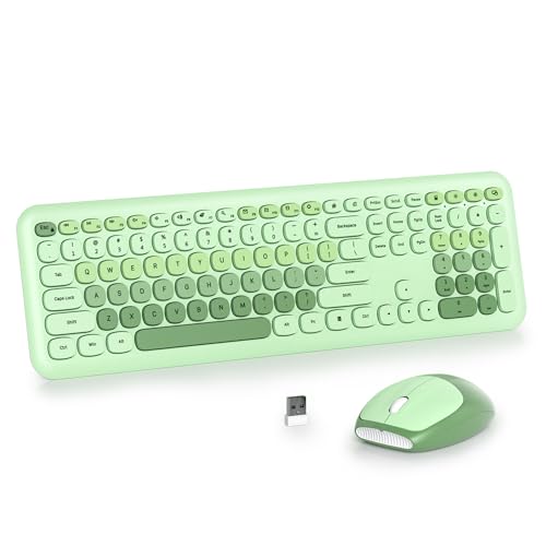 Light Green Quiet Keyboard and Mouse Wireless, Retro Typewriter 104-Key Fullsize Keyboard Round Keys for Home Office Dorms PC/Laptop/Desktop(Light Green) - color: Light Green