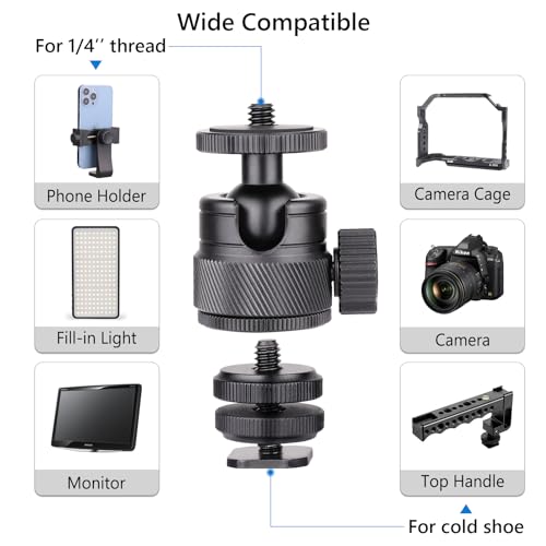 Mini Ball Head, CNC All Metal Aluminum Universal Panoramic Tripod Head Mount for Compact DSLR Action Cam Phone LED Ring Light Monopod Slider, 4.4lb Max Load