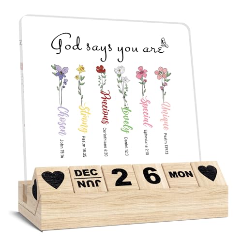 Christian Gifts for Women, Wooden Block Calendar for Desk, Religious Gifts for Coworker Female, God Says You Are Desk Sign, Inspirational Bible Verse Acrylic Plaque, Floral Home Office Decor - color: Black - Scripture