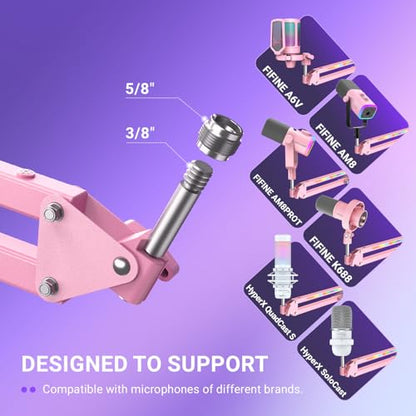FIFINE Microphone Boom Arm, Metal Adjustable Mic Arm Stand with RGB Button, 3/8” to 5/8” Screw Adapter, Desk Mount Clamp, Suspension Scissor Mic Stand for Gaming Streaming Podcast-AmpliGame BM38P - color: Pink