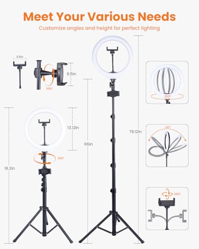 Nicefoto 10" Ring Light with 66'' Tripod Stands & 2 Phone Holder, LED Circle Ring Lights Compatible with All Phones, 3 Color & 10 Brightness Level, for Live Stream, Makeup, Zoom, TikTok, YouTube