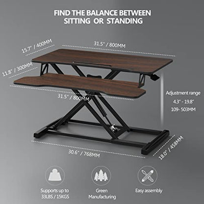 FITUEYES Height Adjustable Standing Desk 32” Wide Sit to Stand Converter Stand Up Desk Tabletop Workstation for Laptops Dual Monitor Riser Brown SD308002WE - color: Brown