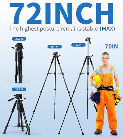 72'' Tripod Camera Tripods,Professional Portable Tripods for DSLR Video Recording, Lightweight Travel Cellphone Tripod Stand Black with 360° Pan Head