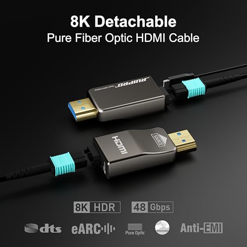 RUIPRO 8K Detachable Full Fiber Optic Armored HDMI 2.1 Cable 15FT, Ultra High Speed 48Gbps, Support 8K@60Hz 4K@120Hz, Dynamic HDR, eARC, Compatible with PS5/Xbox/Blu-ray/TV/Monitor/Projector - size: 15FT