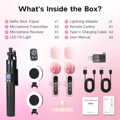 Content Creator Vlogging Kit,70inch Selfie Stick Tripod with Light and Wireless Microphones,Content Creator Essentials for iPhone/Android,Phone Tripod for Tiktok &YouTube Starter Kit