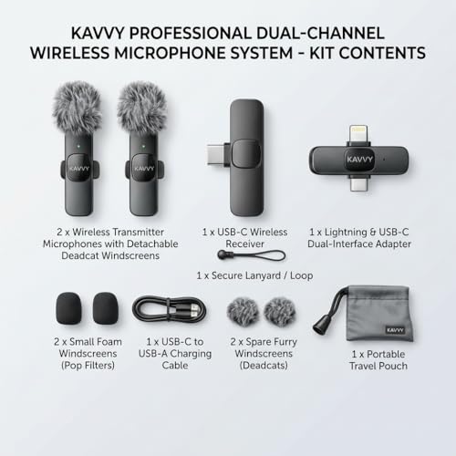 KAVVY Wireless Microphone for iPhone, Dual Mini Lavalier Mic, Clip On Wireless Mic for Video Recording, Podcast, TikTok & YouTube, Portable for Android, Camera & PC, Noise Reduction