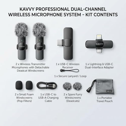 KAVVY Wireless Microphone for iPhone, Dual Mini Lavalier Mic, Clip On Wireless Mic for Video Recording, Podcast, TikTok & YouTube, Portable for Android, Camera & PC, Noise Reduction