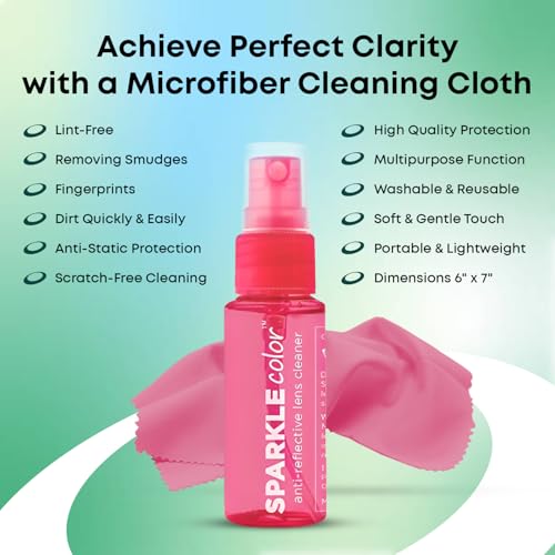 Sparkle Anti-Reflective Safe Lens Cleaner Spray Kit - (2) 1oz Glasses Cleaner Bottle & (2) Microfiber Cloth for Eyeglasses, Sunglasses, Lenses, Screens and Camera Cleaning Kit (4 Piece Set) - style: Pink | 2x1oz Lens Spray + 2 Microfiber Cloths