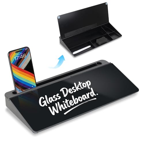 Glass Desktop Whiteboard 15.8×7”, Dry Erase Note Memo Board, Desk Organizer with Storage for Office, Home, Study, Black - color: Black Basic