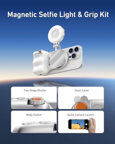 TELESIN Fun Shot Magnetic Phone Camera Grip + C03 Magnetic Selfie Light (Silver) Bundle Kit Compatible with iPhone Magsafe & Android, Creator Kit for Selfies/Photography/TikTok/Zoom Calls/Video - color: White + Silver