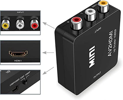 RCA to HDMI Converter, 1080P RCA Composite CVBS AV to HDMI Video Audio Converter Adapter Compatible with N64 Wii PS2 Xbox VHS VCR Camera DVD, Support PAL/NTSC with USB Power Cable
