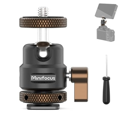 MINIFOCUS Metal Ball Head Camera Mount 360 Rotating with 1/4" Screw and Cold Shoe Adapter, 11lbs/5kg Load for 1/4" Tripod, Monopod, DSLR, Flash, Cell Phone Holder, Action Camera - color: S3017