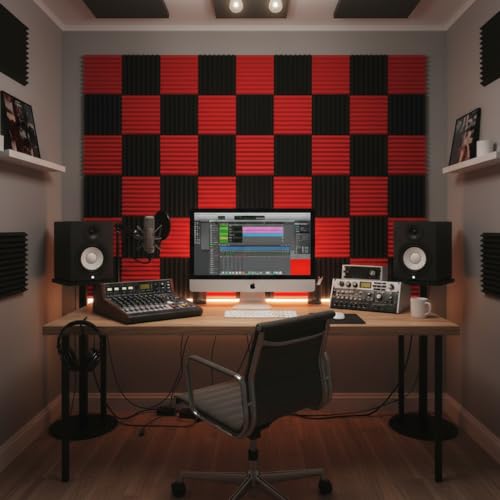 52 Pack Black red 1" x 12" x 12" Acoustic Wedge Studio Foam Sound Absorption Wall Panels - color: BLACK RED