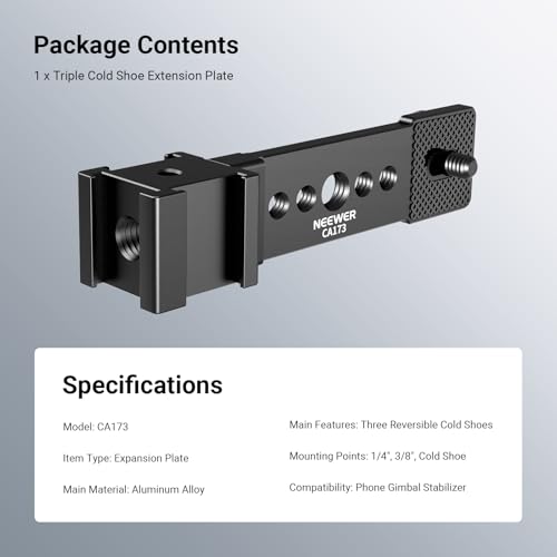 NEEWER Triple Cold Shoe Mount Plate for Mic LED Light, Metal Extension Bracket Microphone Stand Rig 1/4" 3/8" Compatible with DJI OSMO Mobile Zhiyun Feiyu Vimble Hohem Phone Gimbal Stabilizer, CA173