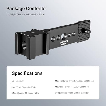 NEEWER Triple Cold Shoe Mount Plate for Mic LED Light, Metal Extension Bracket Microphone Stand Rig 1/4" 3/8" Compatible with DJI OSMO Mobile Zhiyun Feiyu Vimble Hohem Phone Gimbal Stabilizer, CA173