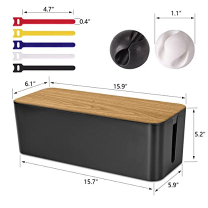 Cable Management Box Large - Wooden Grain Cable Organizer Box to Hide Wires&Power Strips,TV&Desk Computer Wires,with Cable Clips&Reusable Cable Ties for Home&Office(Black) - color: Wooden Black