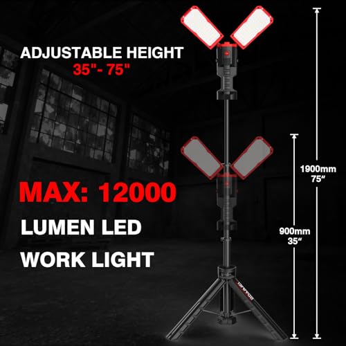 12000 Lumen 100W LED Work Light with Telescoping Tripod, Foldable Portable Corded Job Site Lighting, 288 LED Super Bright 3CCT 3000K/4500K/5000K Dual-Head Work Light with Stand