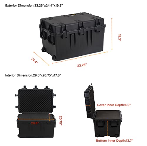 MEIJIA Premium Waterproof Large Rolling Hard Camera Case,Hard Protective Case with customizable fit foam and wheels,Full Protection with Light&Convenient Design,Elegant Black (33.25"X24.4"X19.3") - size: 33.25"X24.4"X19.3"