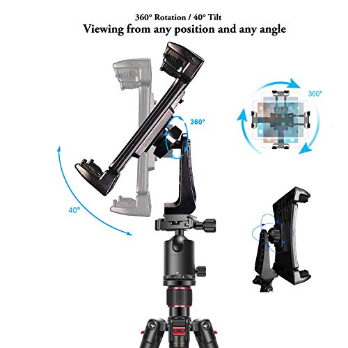 IPad Tripod Mount Adapter 360 Degree Rotatable Universal Tablet Clamp Holder for iPad Pro 12.9 11 10.5, iPad Air Mini, Surface Tab, Galaxy Tab and 3.5 to 13.5in Phone Tablet, for Tripod, Monopod