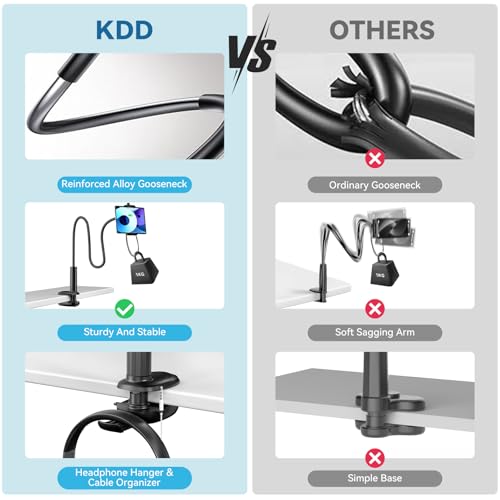 KDD Gooseneck Tablet Stand, 360° Adjustable Phone & iPad Holder for Bed and Desk, Flexible Arm Mount Clip for Video Recording, Bedside & Headboard Clamp for iPad Pro 12.9, Mini, Switch