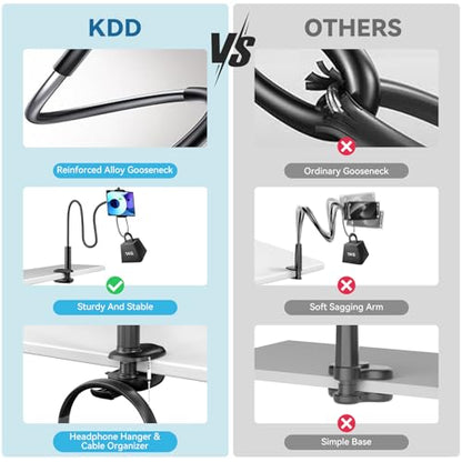 KDD Gooseneck Tablet Stand, 360° Adjustable Phone & iPad Holder for Bed and Desk, Flexible Arm Mount Clip for Video Recording, Bedside & Headboard Clamp for iPad Pro 12.9, Mini, Switch