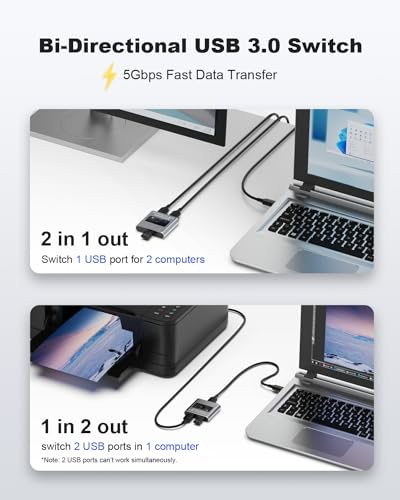 Aluminum USB 3.0 Switch, Bi-Directional 2 in 1 Out / 1 in 2 Out - Share 1 Device for Printer, Keyboard - Includes 2 USB 3.0 Cables (4.9ft) - color: USB Switch