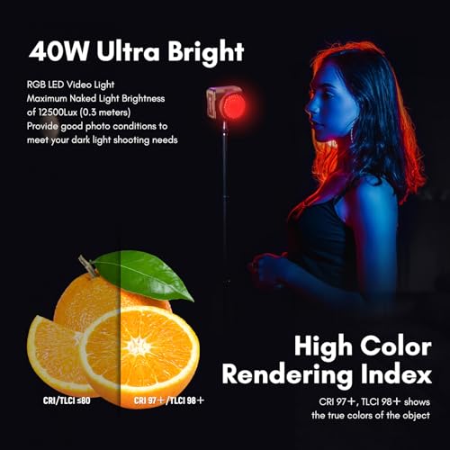 Tolifo Palm-Sized 40W RGB LED Video Light with Rechargeable 9000mAh /App Wireless Control/360° Full Color/CRI 97+ 2700-6500K/20 Effects for Vlogging Camera Photography Fill Light w Cold Shoe Mount