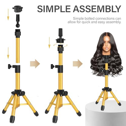 ZQIAN BEAUTY Wig Stand Tripod, 25 Inch Adjustable Mannequin Head Stand, Wig Head Stand for Training Heads And Canvas Block Head (Golden, Mannequin Head Not Included) - color: Golden, size: 25 Inch