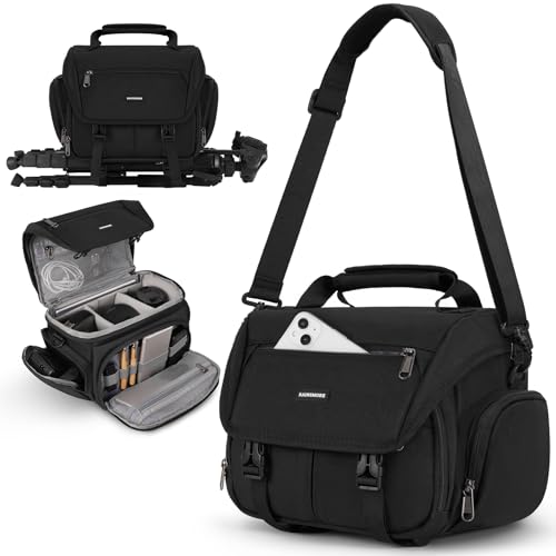 RAINSMORE Camera Bag, DSLR/SLR/Mirrorless Camera Sling Bag for Photographers Waterproof Small Camera Case with Tripod Holder & Rain Cover Camera Crossbody Bag for Canon/Nikon/Sony/Fuji, Black - color: Black