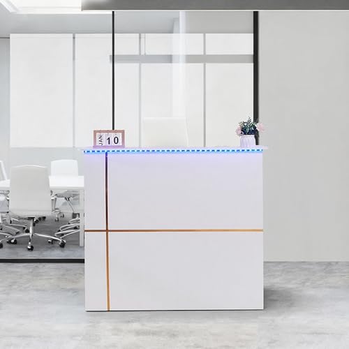 50" Reception Desk – Modern Front Desk with Lockable Drawer, Keyboard Tray, Storage Cabinet, Built-in Power Outlet, LED Lights & DIY Stripe – Ideal for Lobbies, Salons & Retail