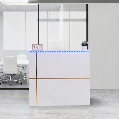 50" Reception Desk – Modern Front Desk with Lockable Drawer, Keyboard Tray, Storage Cabinet, Built-in Power Outlet, LED Lights & DIY Stripe – Ideal for Lobbies, Salons & Retail
