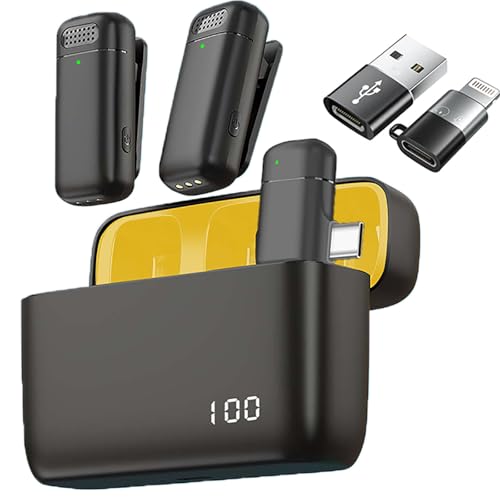 2 Pcs 3 in 1 Wireless Lavalier Microphones for iPhone iPad USB C Android Laptop with Charging Case, Clip on Lapel Mic Plug-Play Cordless Mini Mic for Video Recording Vlogging, YouTube, Interview - color: Yellow