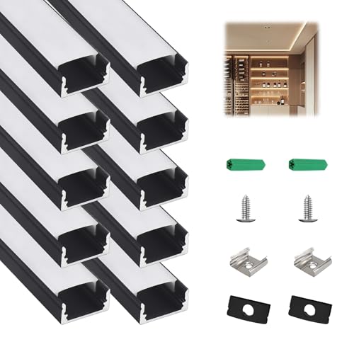 10-Pack 3.3ft/1m U-Shape LED Aluminum Channel with Milky White Cover, Black LED Strip Light Track, High Transmittance Diffuser for Under Cabinet, Shelf, Stairs, fits 12mm Wide Strips - color: Black Aluminum + White Cover, size: 3.3FT/10P/#048