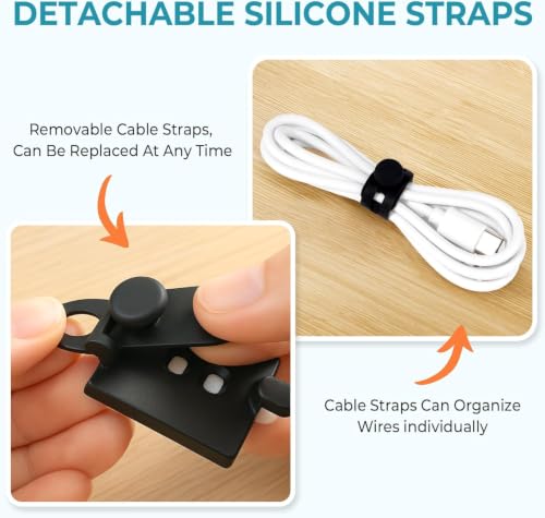 Kanemc Cable Clips Management Kit, 15 Cable Holder with Silicone Cord Ties, 15 Nylon Zip Tie, Extra 15 Screws & 8 Adjustable Cable Straps for Workspace Organizers Computer TV Under Desk Wire Setup