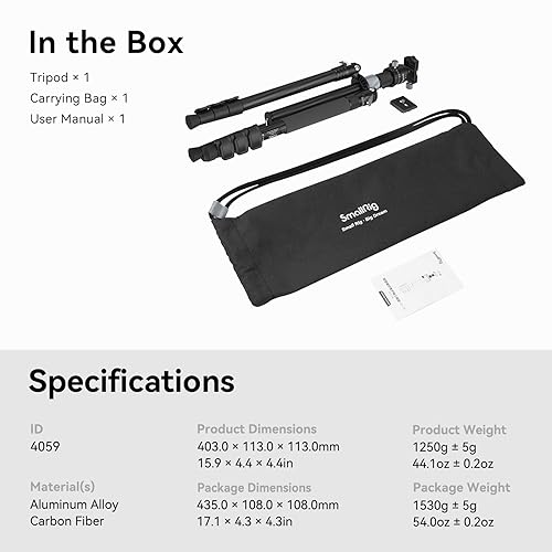 SmallRig AP-20 Carbon Fiber Tripod, 62.2" Camera Tripod Monopod with Center Column, Compact Lightweight Tripods with 360° Ball Head, Payload 26.5 lbs, Quick Release Plate, for DSLR Camera - 4059 - style: 62.2"