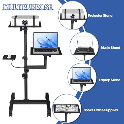 Projector Stand, 2 Shelves Mobile Laptop Cart with Adjustable 47" Height | top tray tilts 30°,4 quiet casters with 2 locks,sturdy H-beam steel frame,mouse tray included,for home,outdoor