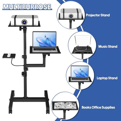 Projector Stand, 2 Shelves Mobile Laptop Cart with Adjustable 47" Height | top tray tilts 30°,4 quiet casters with 2 locks,sturdy H-beam steel frame,mouse tray included,for home,outdoor