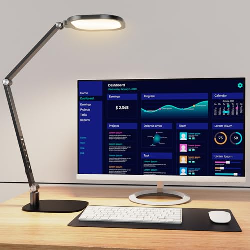 LitONES LED Desk Lamp for Home Office, Professional Eye-Caring Diffused Desk Light, 3 Color 10 Brightness Computer Light, Dimmable Office Lamp with Memory & Timer Func, Metal Swing Arm Table Lamp - color: Black