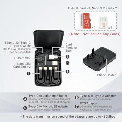 Kiorafoto Multi-Functional Compact Cable Card with 22" USB-C Cable & USB-A/Micro-USB/Light/OTG USB Adapter Kit Cable Convertor Storage Box for Traveling Phone Pad Charging PC Computer Data Transfer