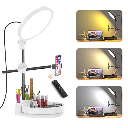 Desk Ring Light with Stand,55W Dimmable Full Screen Ring Light,with Rotating Storage Box,Pen Holder Stand,Phone Holder&Controller (White, 10.5) - color: white