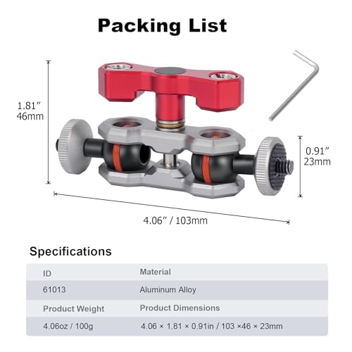 Dual Ball Head Camera Mount with 360 Degree Adjustment - Aluminum Alloy Clamp for Insta360/GoPr0/Camera Cage/LED Light/Microphone - 1/4" & 3/8" Screw Holes with Anti-Slip Design 61013