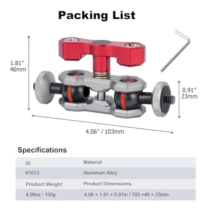Dual Ball Head Camera Mount with 360 Degree Adjustment - Aluminum Alloy Clamp for Insta360/GoPr0/Camera Cage/LED Light/Microphone - 1/4" & 3/8" Screw Holes with Anti-Slip Design 61013