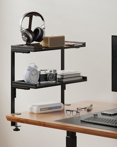 Clamp On Desk Shelf 2-Tier, 16.5 in Wood Shelving Unit for Office Desk/Gaming Accessories, Tabletop Book Storage Rack, Shelf for Top of Desk, Black - color: 16.5 Inches Black