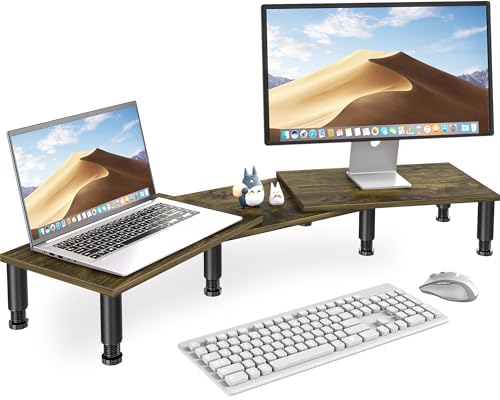 AX WABER Dual Monitor Stand Riser, Monitor Stand with Adjustable Length and Angle, Wood Monitor Stand for Desk, Monitor Riser for 2 Monitors with Storage Space - color: Vintage