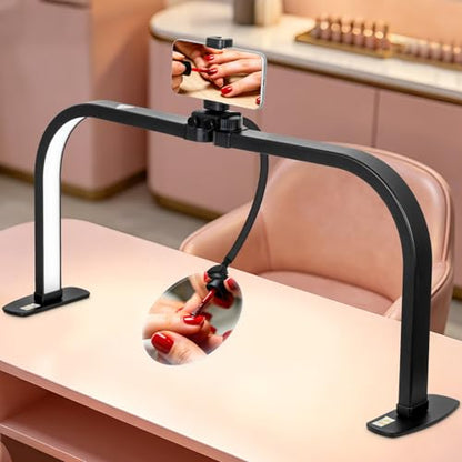 HITTI LED Half Moon Nail Desk Lamp, 30" Foldable Arch Light with 5X Magnifier & Phone Holder for Manicure, Handicraft, Art, Eyelash Extensions - Adjustable Brightness, 3 Color Modes, Home & Salon - color: Black